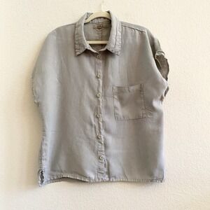 Flax Shirt Womens Medium Button Up Short Sleeve 100%‎ Linen Gray Neutral